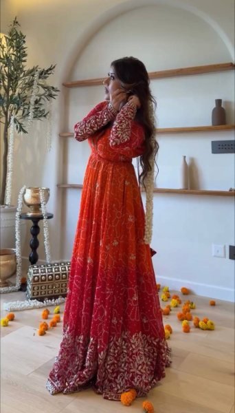 Delightful Orange Ready to Wear Faux Georgette Kurti Pant Dupatta Set for Women Ready To Wear Collection