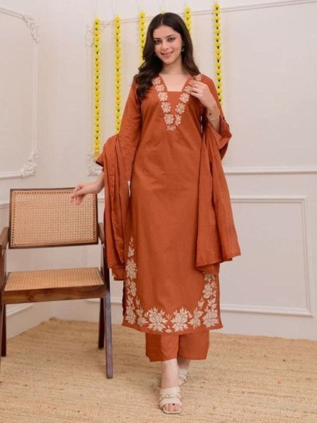Delightful Orange Slub Cotton Embroidered Kurti Pant Set with Nazmin Dupatta for Women Ready to Wear Ethnic Wear Kurtis
