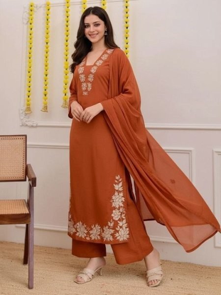 Delightful Orange Slub Cotton Embroidered Kurti Pant Set with Nazmin Dupatta for Women Ready to Wear Ethnic Wear Embroidery Kurtis 