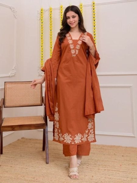 Delightful Orange Slub Cotton Embroidered Kurti Pant Set with Nazmin Dupatta for Women Ready to Wear Ethnic Wear Embroidery Kurtis 
