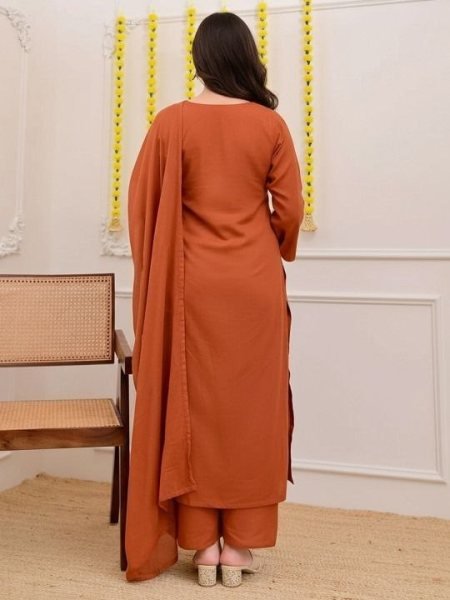 Delightful Orange Slub Cotton Embroidered Kurti Pant Set with Nazmin Dupatta for Women Ready to Wear Ethnic Wear Embroidery Kurtis 