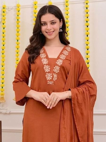 Delightful Orange Slub Cotton Embroidered Kurti Pant Set with Nazmin Dupatta for Women Ready to Wear Ethnic Wear Embroidery Kurtis 
