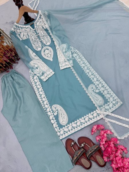 Delightful Organza Party Wear Suit Set with Plazzo and Lace Dupatta for Function Wear Embroidery Kurtis 