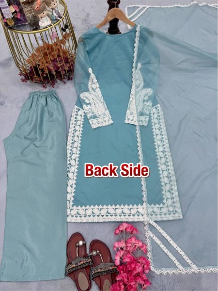 Delightful Organza Party Wear Suit Set with Plazzo and Lace Dupatta for Function Wear Embroidery Kurtis 