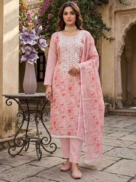 Delightful Peach Designer Mal Cotton Digital Print Suit Set with Kodding Work 