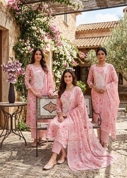 Delightful Peach Designer Mal Cotton Digital Print Suit Set with Kodding Work Color Set Matching Dress Material Wholesale