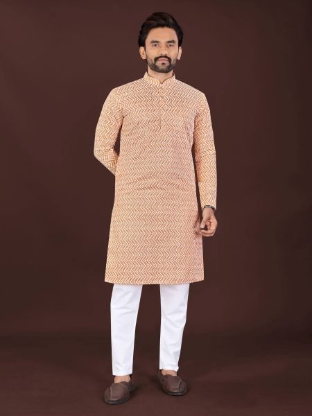 Delightful Peach Men s Cotton Lucknowi Chikankari Kurta with Handcrafted Embroidery  