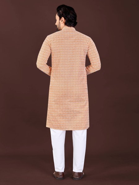 Delightful Peach Men s Cotton Lucknowi Chikankari Kurta with Handcrafted Embroidery  Kurta Pajama Wholesale