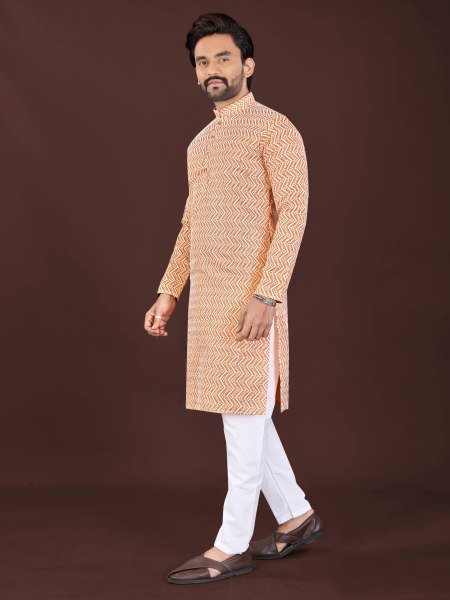 Delightful Peach Men s Cotton Lucknowi Chikankari Kurta with Handcrafted Embroidery  Kurta Pajama Wholesale