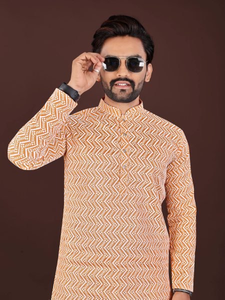Delightful Peach Men s Cotton Lucknowi Chikankari Kurta with Handcrafted Embroidery  Kurta Pajama Wholesale