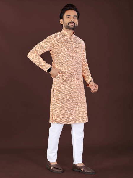 Delightful Peach Men s Cotton Lucknowi Chikankari Kurta with Handcrafted Embroidery  Kurta Pajama Wholesale
