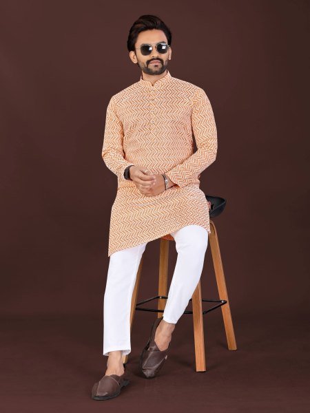Delightful Peach Men s Cotton Lucknowi Chikankari Kurta with Handcrafted Embroidery  Kurta Pajama Wholesale