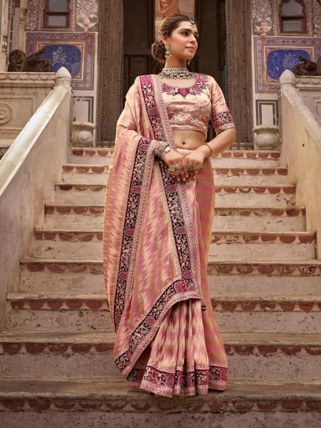 Delightful Peach Sajode The Tradition Viscose Saree with Customized Work For Wedding 