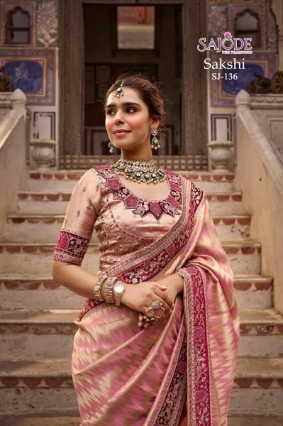 Delightful Peach Sajode The Tradition Viscose Saree with Customized Work For Wedding Designer Wedding Sarees Wholesale