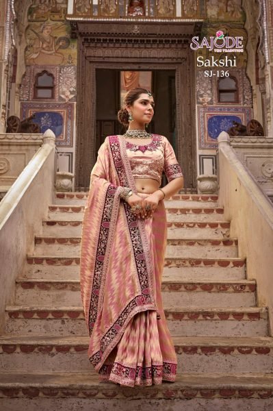Delightful Peach Sajode The Tradition Viscose Saree with Customized Work For Wedding Designer Wedding Sarees Wholesale