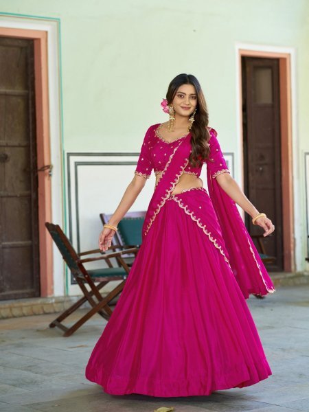 Delightful Pink Chinon Lehenga Choli with Sequins Embroidered Belt Design 