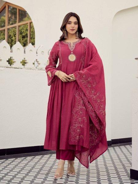 Delightful Pink Muslin Embroidered Kurti Pant Set with Muslin Dupatta for Women Kurtis