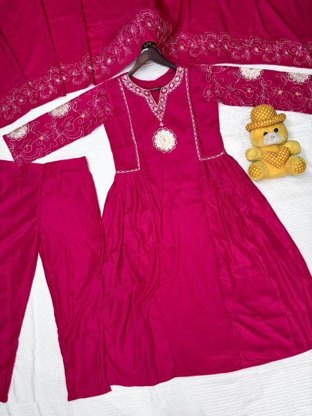 Delightful Pink Muslin Embroidered Kurti Pant Set with Muslin Dupatta for Women Embroidery Kurtis 
