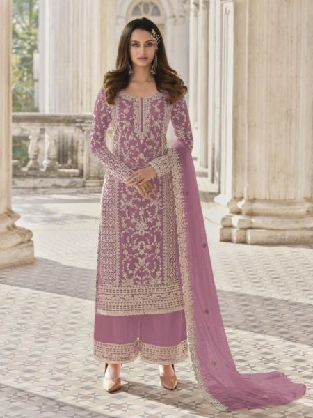 Delightful Purple Butterfly Net Embroidery Suit with Matching Bottom and Dupatta for Casual Wear  Embroidery Suits Wholesale