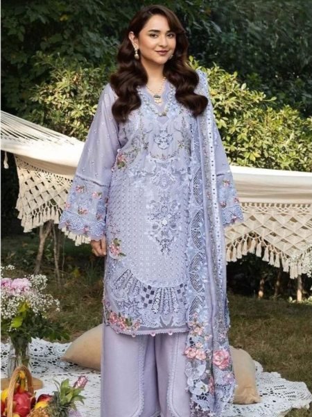 Delightful Purple Cambric Cotton Embroidered Dress Material with Kota Checks Dupatta 