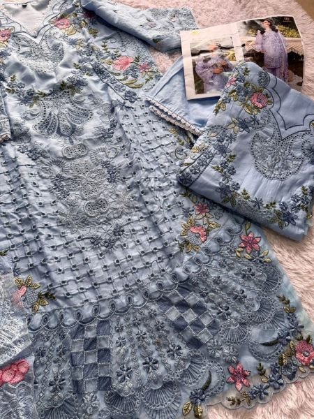 Delightful Purple Cambric Cotton Embroidered Dress Material with Kota Checks Dupatta Pakistani Suits Wholesale
