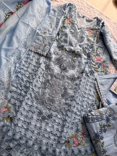 Delightful Purple Cambric Cotton Embroidered Dress Material with Kota Checks Dupatta Pakistani Suits Wholesale