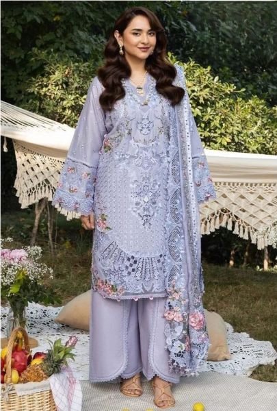 Delightful Purple Cambric Cotton Embroidered Dress Material with Kota Checks Dupatta Pakistani Suits Wholesale