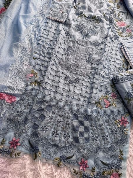 Delightful Purple Cambric Cotton Embroidered Dress Material with Kota Checks Dupatta Pakistani Suits Wholesale