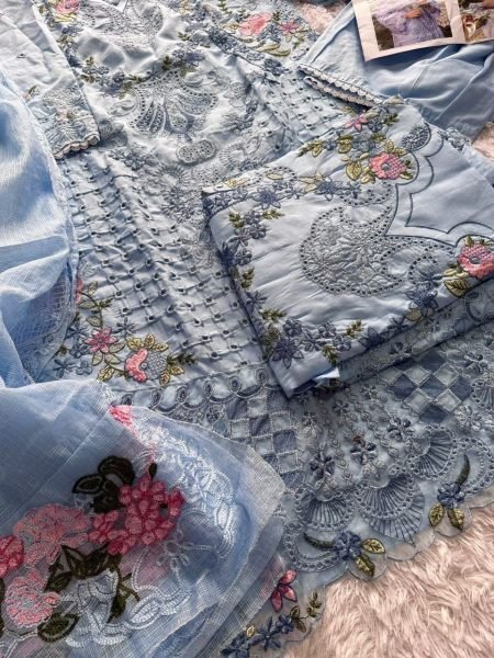Delightful Purple Cambric Cotton Embroidered Dress Material with Kota Checks Dupatta Pakistani Suits Wholesale
