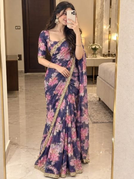Delightful Purple Designer Printed Tabby Silk Saree with Hand Sequin Work at Manufacturer  Sarees 