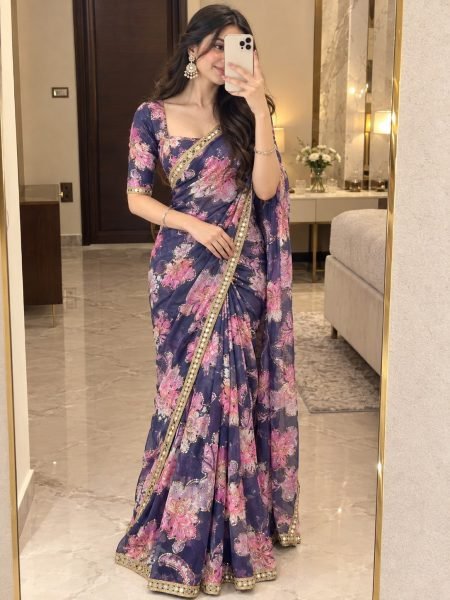 Delightful Purple Designer Printed Tabby Silk Saree with Hand Sequin Work at Manufacturer  Silk Sarees Wholesale