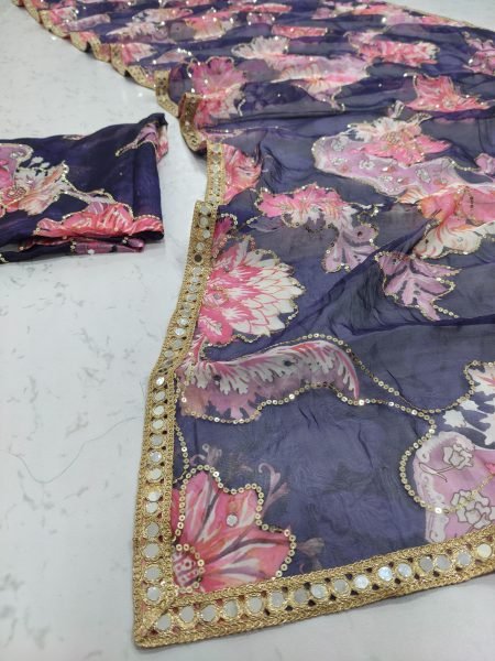 Delightful Purple Designer Printed Tabby Silk Saree with Hand Sequin Work at Manufacturer  Silk Sarees Wholesale