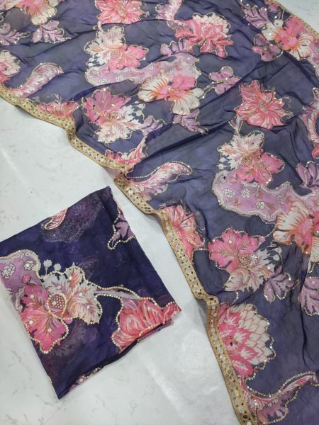 Delightful Purple Designer Printed Tabby Silk Saree with Hand Sequin Work at Manufacturer  Silk Sarees Wholesale