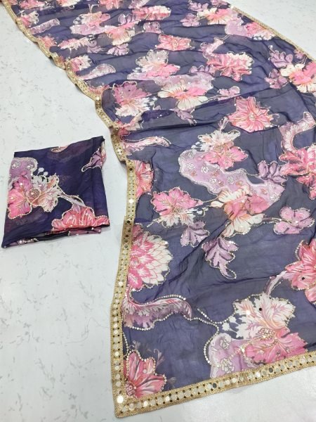 Delightful Purple Designer Printed Tabby Silk Saree with Hand Sequin Work at Manufacturer  Silk Sarees Wholesale