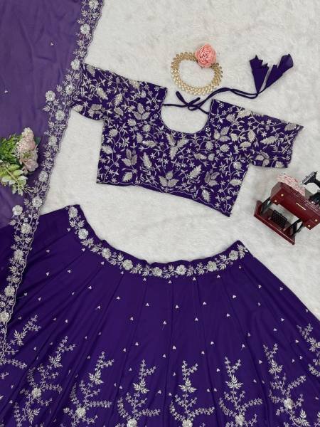 Delightful Purple Faux Georgette Lehenga Choli Set with 4-Meter Flair, Embroidery & Sequins Work – Wedding & Festive Wear Designer Lehenga Choli