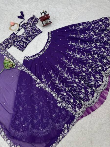 Delightful Purple Faux Georgette Lehenga Choli Set with 4-Meter Flair, Embroidery & Sequins Work – Wedding & Festive Wear Designer Lehenga Choli