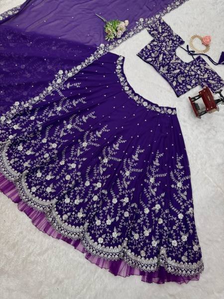 Delightful Purple Faux Georgette Lehenga Choli Set with 4-Meter Flair, Embroidery & Sequins Work – Wedding & Festive Wear Designer Lehenga Choli