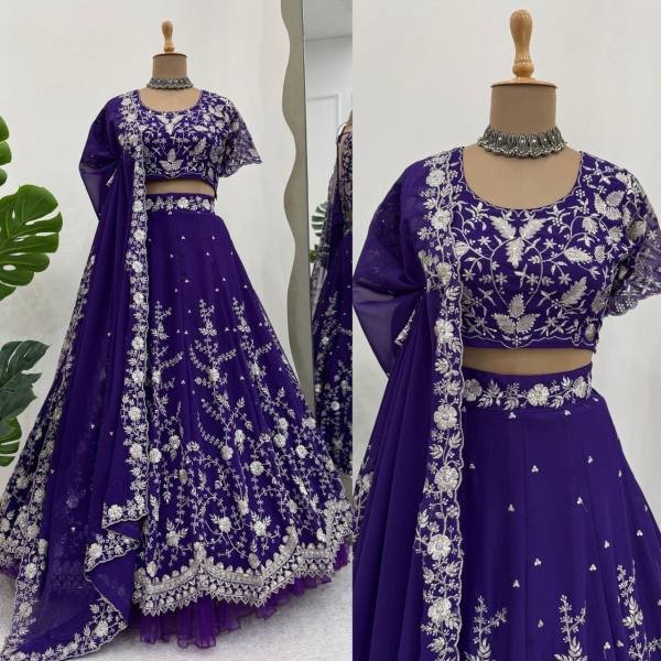 Delightful Purple Faux Georgette Lehenga Choli Set with 4-Meter Flair, Embroidery & Sequins Work – Wedding & Festive Wear Designer Lehenga Choli
