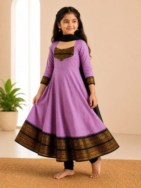 Delightful Purple Girls Cotton Blend Anarkali Dress with Georgette Dupatta