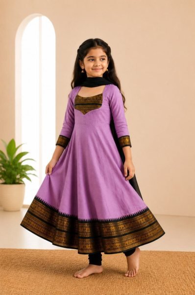 Delightful Purple Girls Cotton Blend Anarkali Dress with Georgette Dupatta Girls Wear
