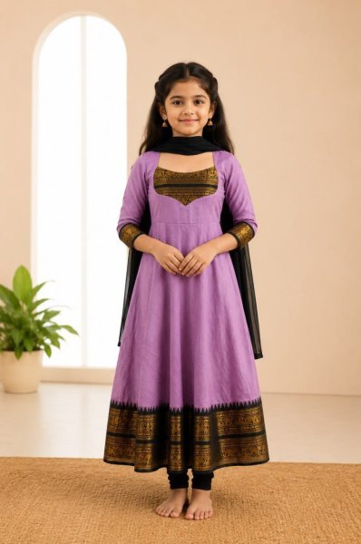 Delightful Purple Girls Cotton Blend Anarkali Dress with Georgette Dupatta Girls Wear