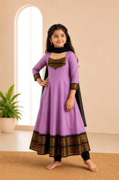 Delightful Purple Girls Cotton Blend Anarkali Dress with Georgette Dupatta Girls Wear