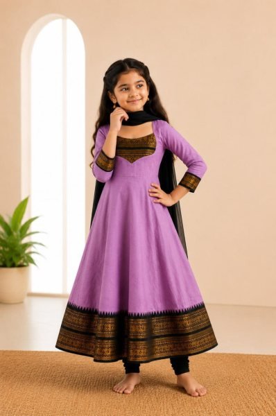 Delightful Purple Girls Cotton Blend Anarkali Dress with Georgette Dupatta Girls Wear