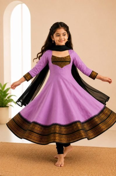 Delightful Purple Girls Cotton Blend Anarkali Dress with Georgette Dupatta Girls Wear