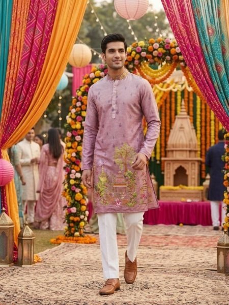 Delightful Purple Printed Mens Kurta with Crochet Sequins Detailing Mens Wear