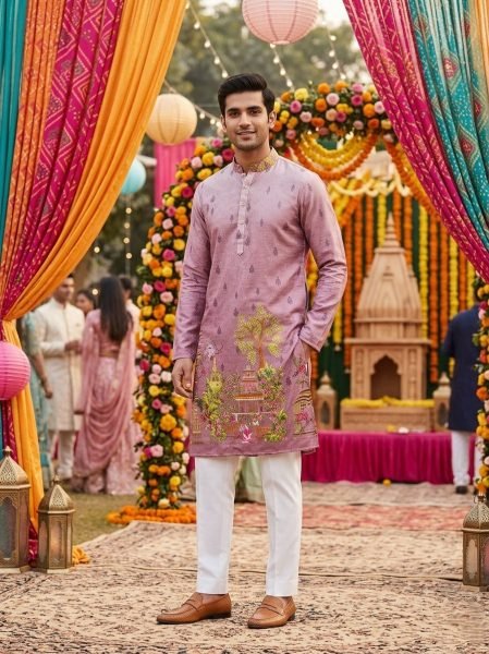 Delightful Purple Printed Mens Kurta with Crochet Sequins Detailing Kurta Pajama Wholesale