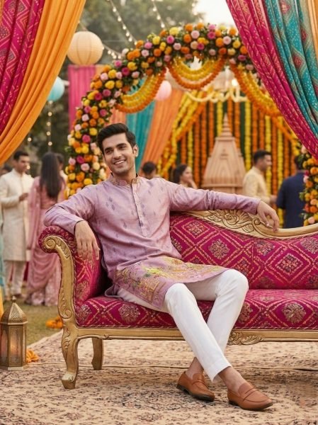 Delightful Purple Printed Mens Kurta with Crochet Sequins Detailing Kurta Pajama Wholesale