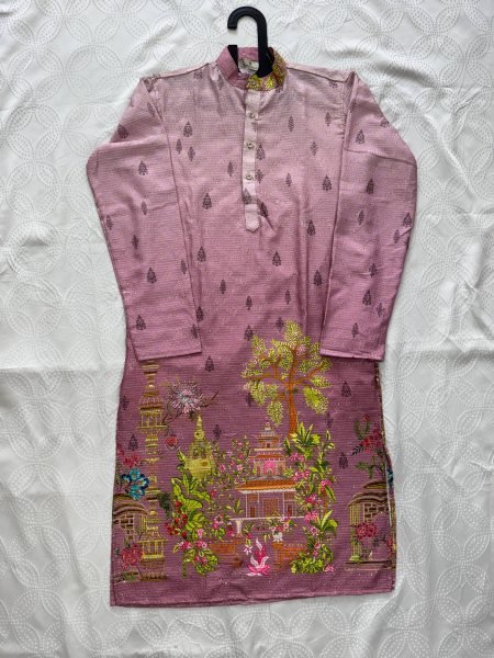 Delightful Purple Printed Mens Kurta with Crochet Sequins Detailing Kurta Pajama Wholesale