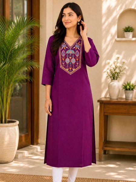 Delightful Ready to Wear Cotton Kurti with elegant embroidery work for Women Kurtis