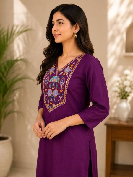 Delightful Ready to Wear Cotton Kurti with elegant embroidery work for Women Cotton Kurtis Wholesale